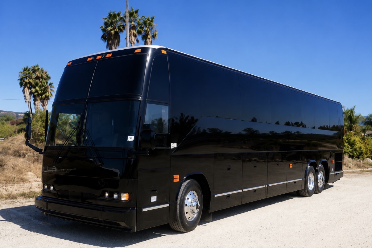 Second 40 to 44 passenger luxury coach party bus exterior in glossy black