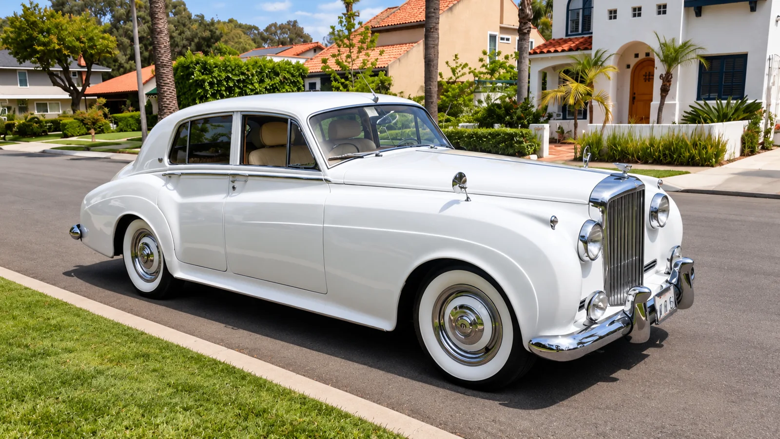 White vintage wedding car on a residential street