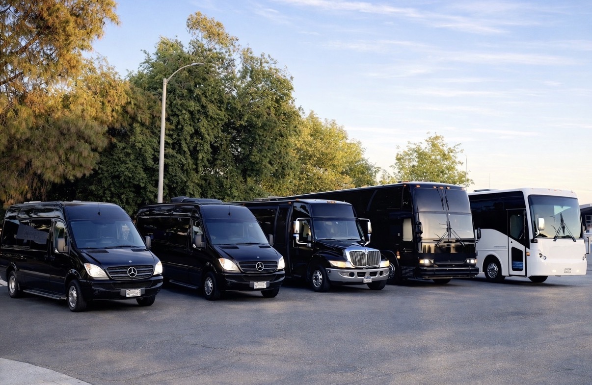 Best OC Party Buses fleet lineup — Mercedes Sprinters, luxury party buses, and executive coaches