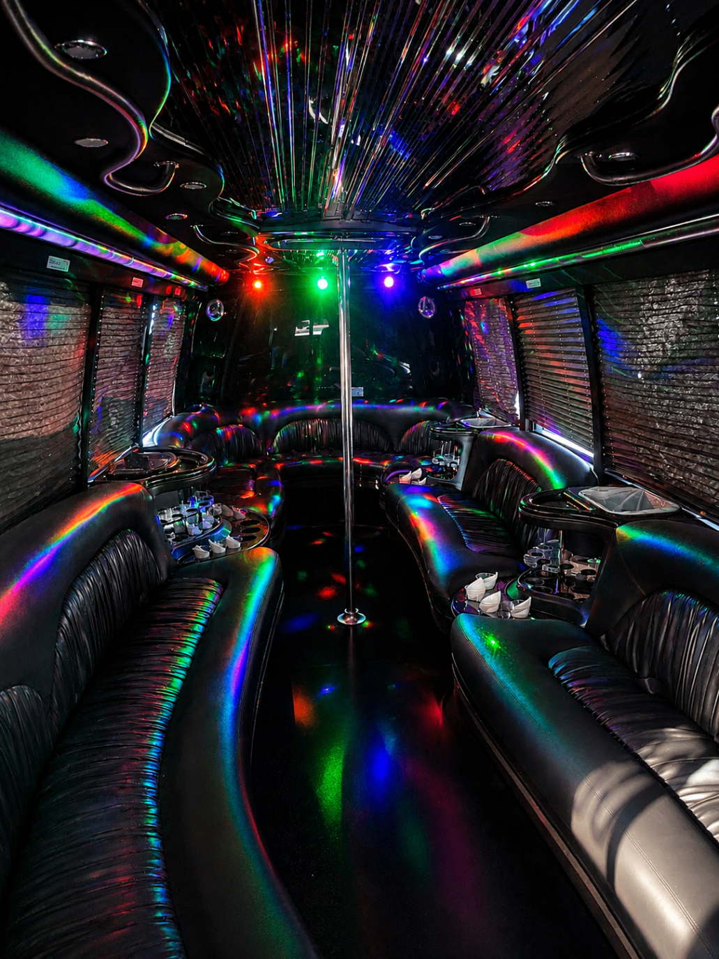 30 passenger party bus interior with dance pole and club lighting