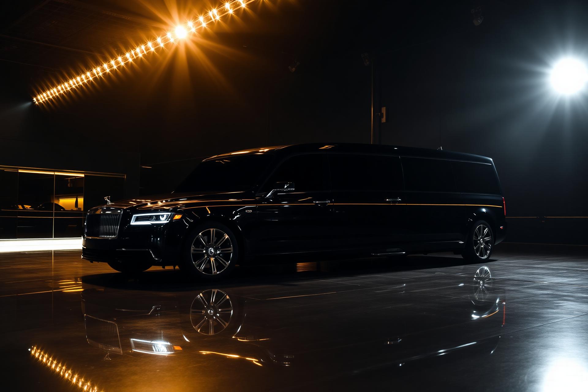 Luxury black limousine in showroom